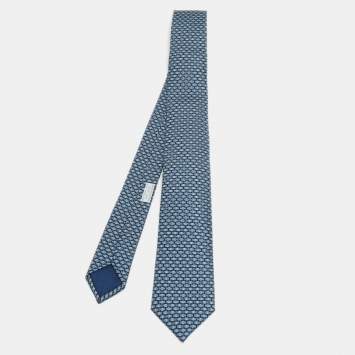 مملوكة مسبقًا Hermes Navy Blue Printed Silk Skinny Tie
