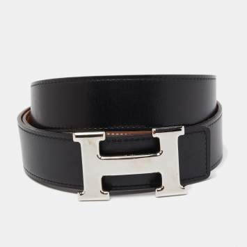 Pre Owned Hermes Gold/Black Chamonix and Togo Leather H Buckle Reversible Belt 90CM