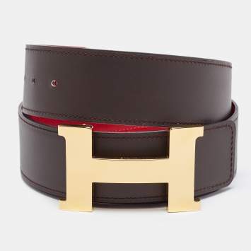 Pre Owned Hermes Chocolat/Rouge Sift and Epsom Leather Constance Reversible Belt 95 CM