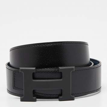 Pre Owned Hermes Black/Bleu de Prusse Chamonix and Togo Leather H Buckle Belt 110CM