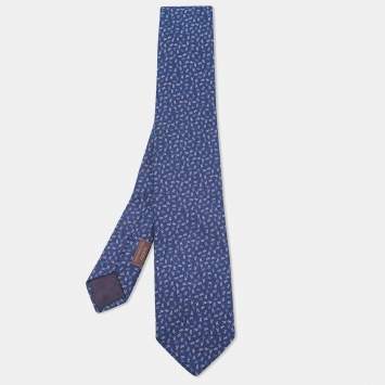 Pre Owned Hermes Navy Blue All-Over Patterned Silk Tie