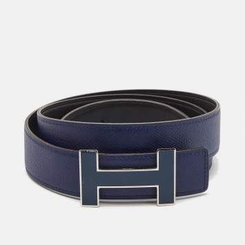 Pre Owned Hermes Bleu Saphir/Noir Epsom and Swift Leather Quizz H Reversible Belt 95 CM