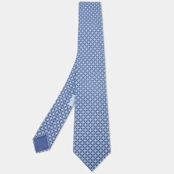 Pre Owned Hermes Blue Printed Silk Tie