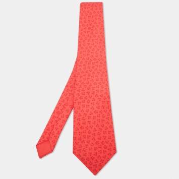 Pre Owned Hermes Red Clover Leaf Print Silk Traditional Tie