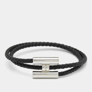 Pre Owned Hermes Turnis Braid Leather Black Silver Tone Bracelet