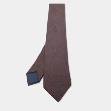 Pre Owned Hermès Grey Geometric Print Silk Narrow Tie