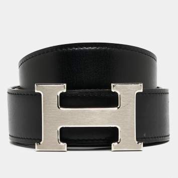 Pre Owned Hermes Black/Chocolate Box Calf and Clemence Leather Reversible H Buckle Belt 95CM