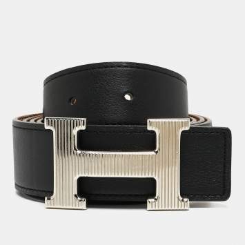 Pre Owned Hermes Noir/Gold Swift and Epsom Leather H Striee Buckle Reversible Belt 100 CM