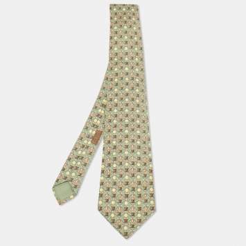 Pre Owned Hermes Green Flower Pot Print Silk Tie