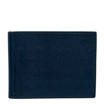 Pre Owned Hermes Blue Thalassa Epsom Leather Poker Compact Wallet