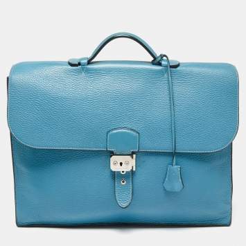 Pre Owned Hermes Bleu Jean Clemence Leather Sac a Depeches 38 Briefcase