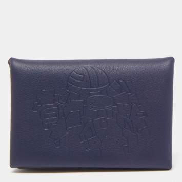 Pre Owned Hermes Blue Indigo Swift Leather Robot Calvi Card Case