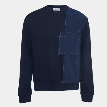 Hermes Navy Blue Cotton Knit Nylon Patch Detail Sweatshirt L