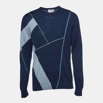 Pre Owned Hermes Navy Blue Patterned Cashmere and Wool Sweater L