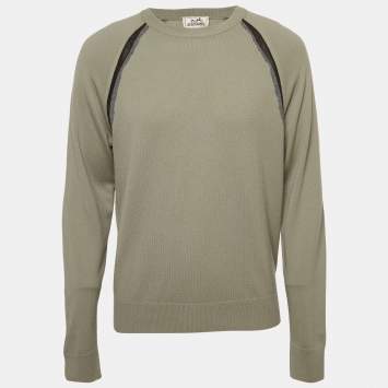 Pre Owned Hermes Grey Wool Ondes Cuir Crewneck Sweater L