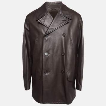 Pre Owned Hermes Dark Brown Leather Double Breasted Long Jacket XL