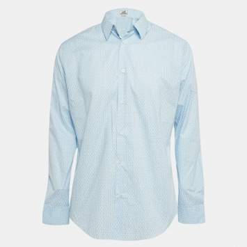 Pre Owned Hermes Blue Printed Cotton Long Sleeve Shirt L