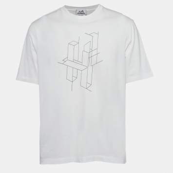 Pre Owned Hermes White  Embroidered Cotton Crew Neck T-Shirt L