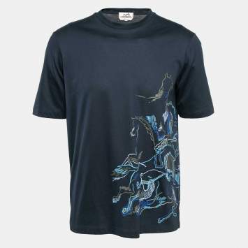 Pre Owned Hermes Navy Blue Printed Cotton Jersey T-Shirt S