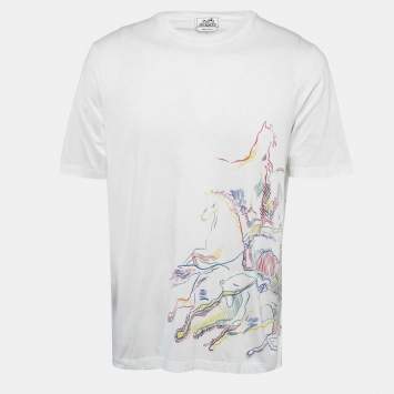 Pre Owned Hermes White Cavalcade Print Cotton Crew Neck T-Shirt M