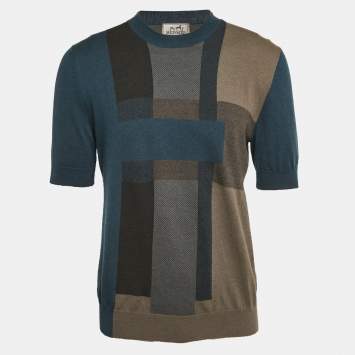 Hermes Blue Checks Cashmere Knit Crew Neck T-Shirt L