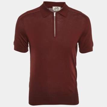 Pre Owned Hermes Dark Red Cotton Zip-Detail Polo T-Shirt M