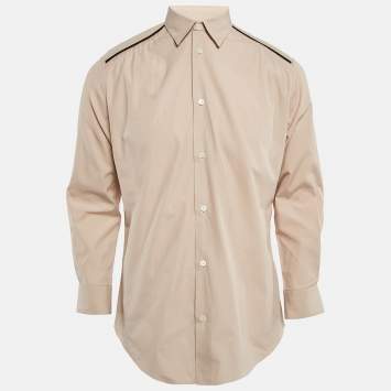 Hermes Beige Cotton Button Front Leather Trimmed Shirt M