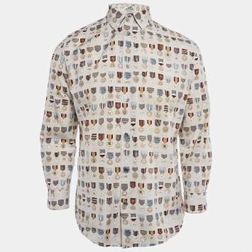 Pre Owned Hermes Grey/Multicolor Medal Print Button Front Shirt M