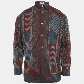 Pre Owned Hermes Multicolor Horse Abstract Print Cotton Shirt L