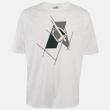 Pre Owned Hermes White Print Cotton Half Sleeve T-Shirt M