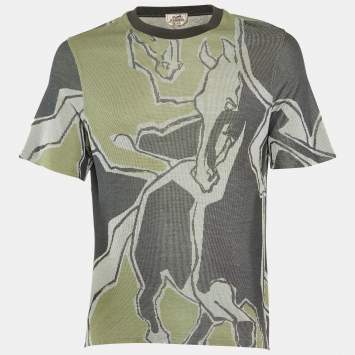 Pre Owned Hermès Green/Grey Horse Print Cotton Crew Neck T-Shirt S