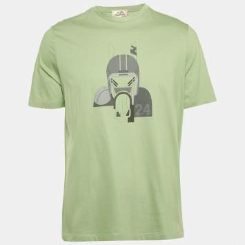 Hermes Green Print Cotton Crew Neck Half Sleeve Quarterb'H" T-Shirt L