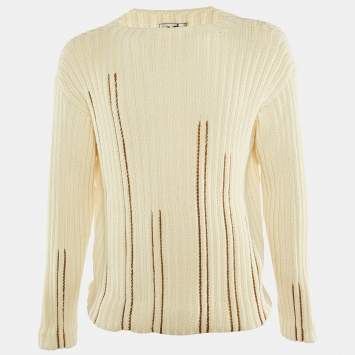 Hermes Cream Cotton Cable Knit Leather Braided Pull Over S