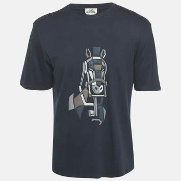 Hermès Navy Blue Horse Print Cotton Crew Neck T-Shirt L