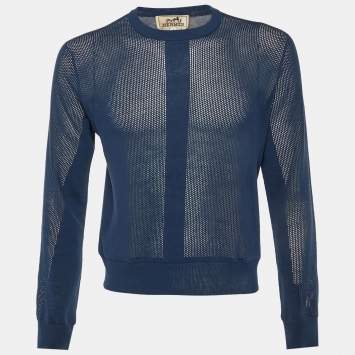 Pre Owned Hermes Dark Blue Mesh Knit Crew Neck Sweater S