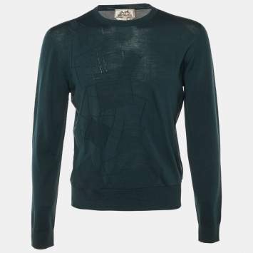 Pre Owned Hermes Green Square Motif Wool Knit Crew Neck Sweater M