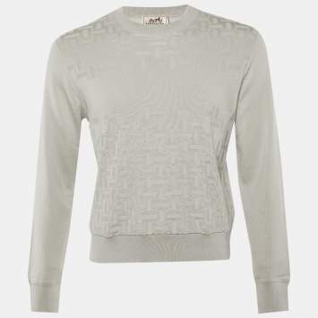 Pre Owned Hermes Grey H Pattern Cashmere Knit Crew Neck Sweater S
