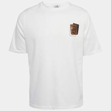 Pre Owned Hermes White Cotton Leather Detail T-Shirt M