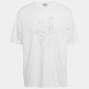 Pre Owned Hermes White H Embroidered Cotton "H 3D" Crewneck T-Shirt XXL 