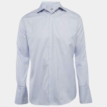 Pre Owned قميص هيرمس قطن أزرق بنمط كامل الأكمام مقاس ميديوم