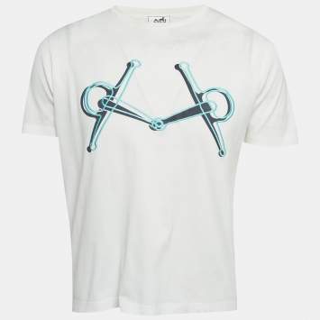 مملوكة مسبقًا Hermes White Horsebit Print Jersey T-Shirt S