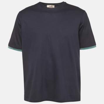 Pre Owned Hermes Navy Blue Jersey Crewneck T-Shirt L 