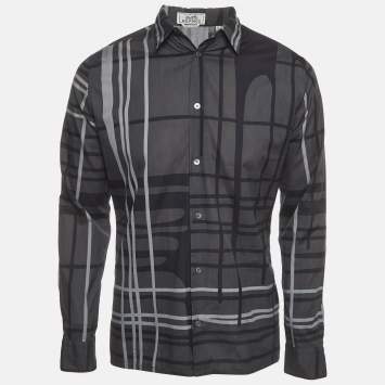 Pre Owned Hermès Gray Abstract Plaid Print Cotton Long Sleeve Shirt M