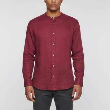 Pre Owned قميص هيرمس كت كتان أحمر بدون ياقة بأزرار مقاس متوسط