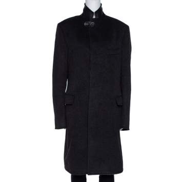 Pre Owned Hermes Anthracite Cashmere & Leather Trim Liverpool Mid Length Coat M 