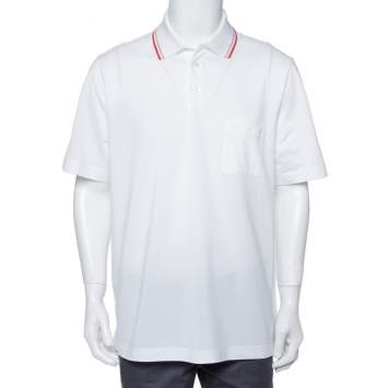 Pre Owned Hermes White Cotton Pique Contrast Detail Polo T Shirt XXL
