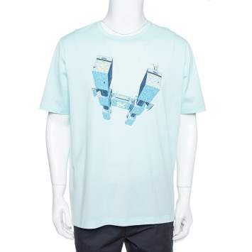 Pre Owned Hermes Sea Blue Odysee Printed Cotton Crewneck T-Shirt XXL