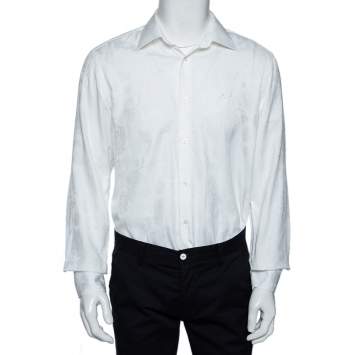 Pre Owned Hermes White Floral Jacquard Cotton Button Front Shirt L