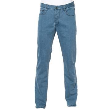 Pre Owned Hermes Light Blue Denim Logo Leather Tab Detail Jeans L 
