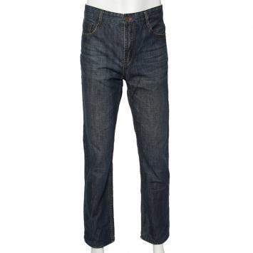 Pre Owned Hermes Blue Denim Logo Leather Tab Detail Jeans L